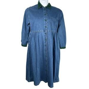 Vintage TY2 Denim Dress Womens Medium Empire Waist Green Corduroy Trim Midi